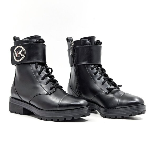 Michael Kors Women Tatum Vegan Black Leather MK Logo Combat Boots size 6.5 - Picture 1 of 10